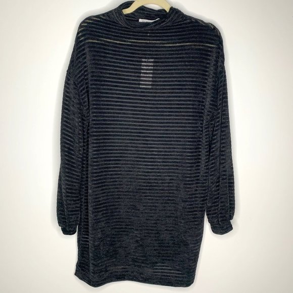 NWT BCBGENERATION Black Knit Striped Velour Mock Neck‎ Balloon Sleeve Tunic Sz M - Picture 1 of 8